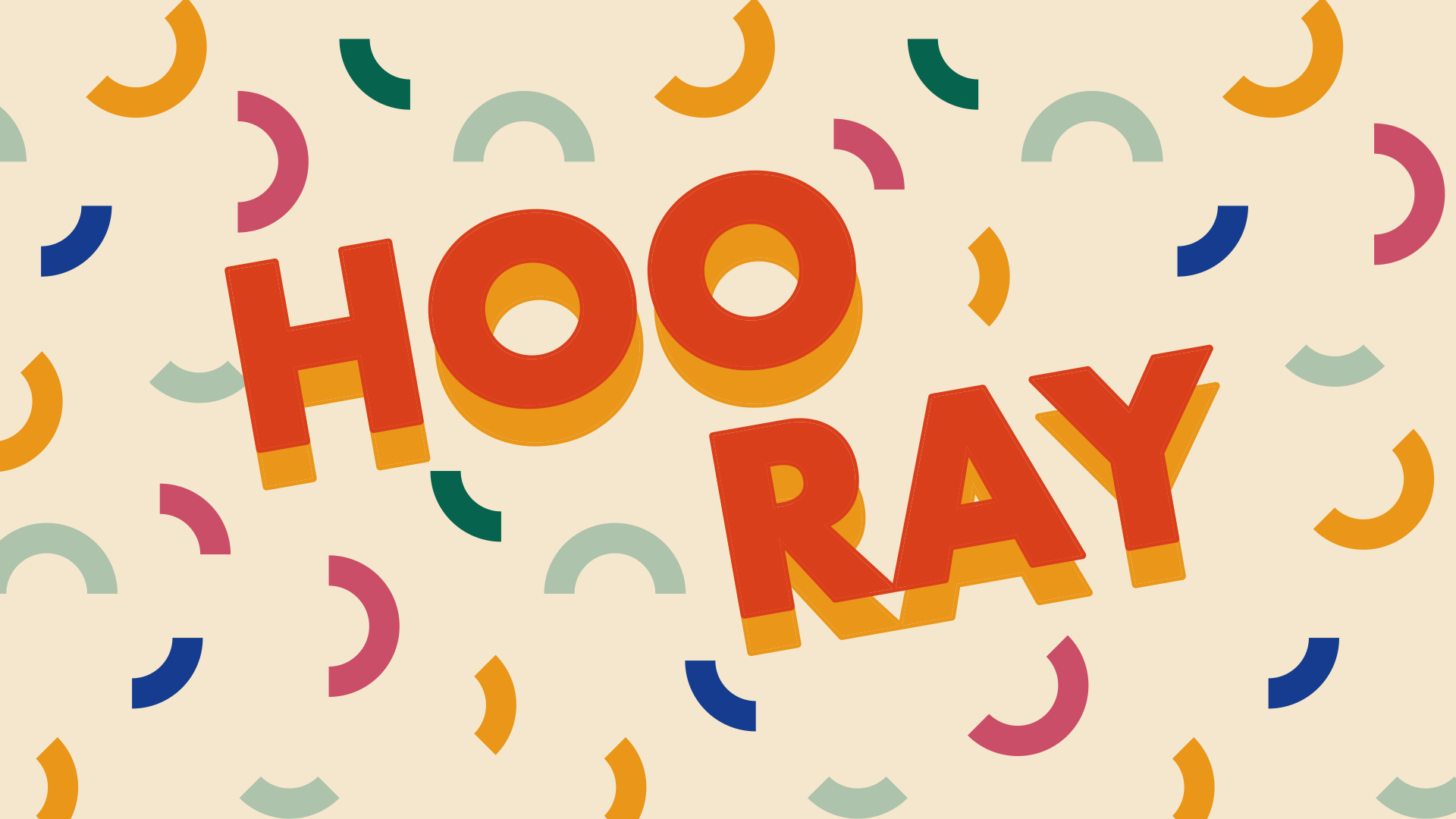 Colorful confetti and a bold red text