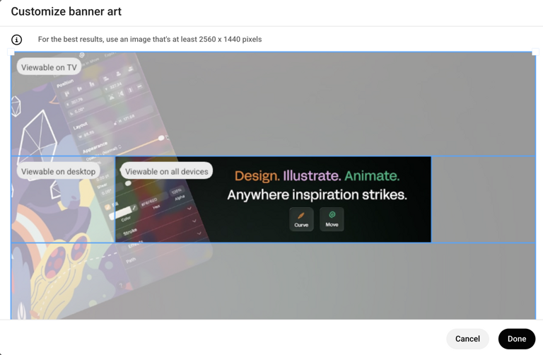 the full 2560 × 1440px canvas with the safe zone overlay marked — desktop view, mobile view, and TV view shown side by side.