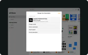 Move Launch screen with pop up showing manage subscription