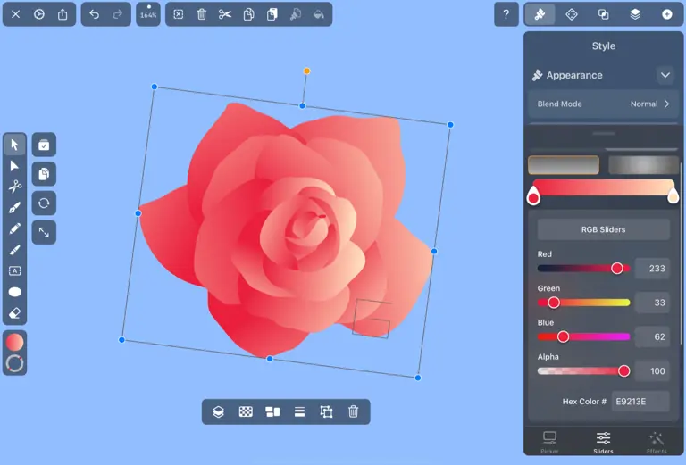vectornator gradient adjust of rose